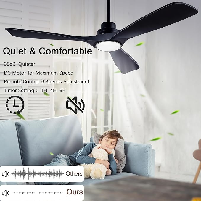 52" Wood Ceiling Fan with Lights Remote Control,Quiet DC Motor 3 Blade Ceiling Fans for Patio Living Room, Bedroom, Office,Indoor Outdoor(Black)