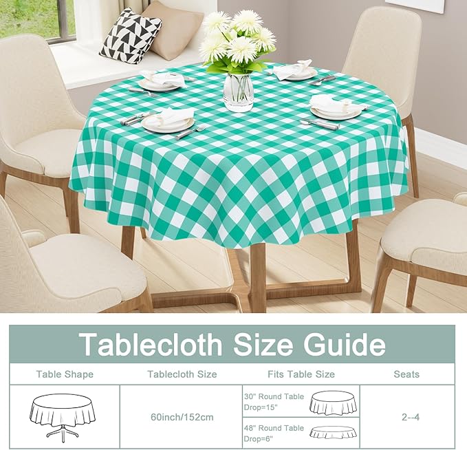 misaya 2 Pack Waterproof Vinyl Table Cloth, Buffalo Flannel Backed Tablecloth, Wipeable Plastic Table Cover for Dinner, Kitchen, Outdoor (60", Green & White)
