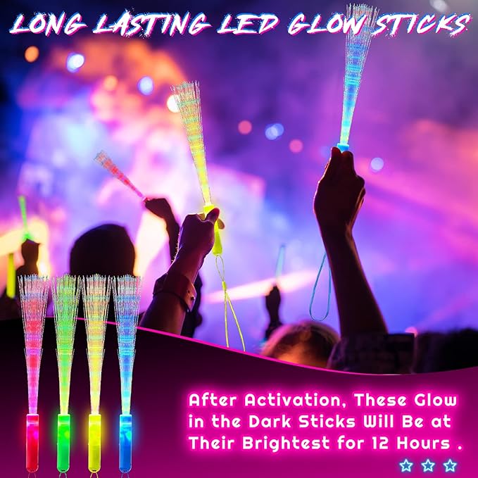 Lewtemi 300 Pcs Fiber Optic Wands Bulk Light up Glow Stick Fiber Optic Sticks Glow in The Dark Party Supplies LED Colorful Flashing Wands for Wedding Party Favors(Bright Color)