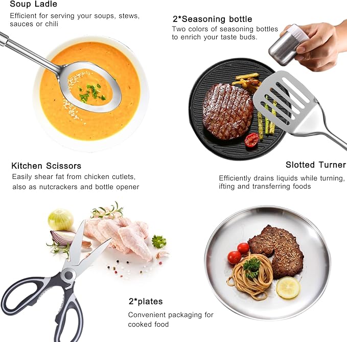 Camping Cooking Utensils Set - Camping Utensil Set Car Camping Cooking Essentials Gear for Camp Kitchen Cooking and Grilling, Stainless Steel & Silicone Ideal Gift for RV Tent Camper