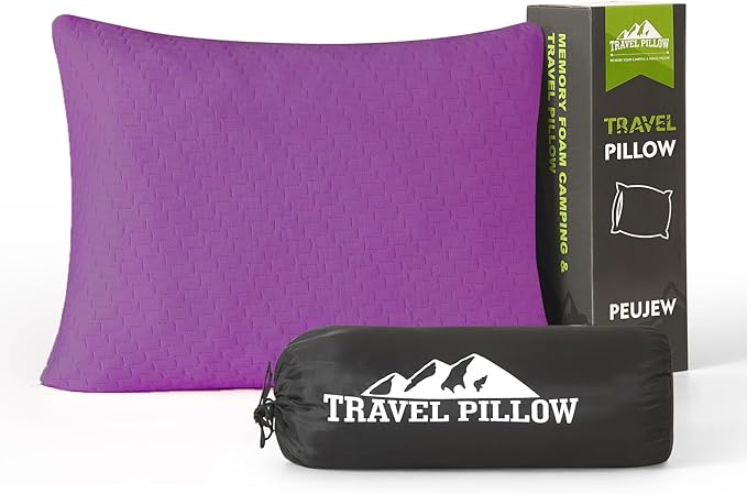Small Shredded Memory Foam Pillow, Camping Pillow Travel Pillow - Compressible Medium Firm, Breathable Cover, Ideal Backpacking Hiking, Airplane and Car (Purple, S)