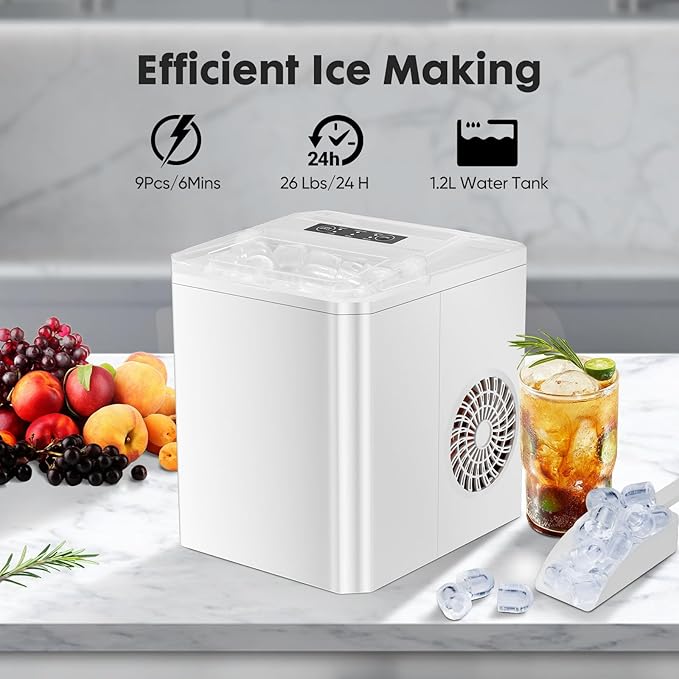DUMOS Countertop Ice Maker, Portable 1.5L Ice Machine with Self-Cleaning, 26.5lbs/24H Fast Ice Making, 9 Bullet Ice Cubes in 6 Mins, 2 Size Options, Quiet Compact Ice Maker, White
