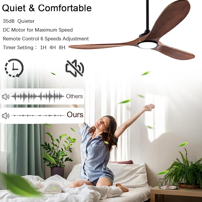 60" Wood Ceiling Fans with Lights and Remote Control,Indoor Outdoor 3 Blades Wooden Ceiling Fan for Garage,Patio,Living Rooms,Bedrooms,Offices,Farmhouse(Black+Dark Walnut)