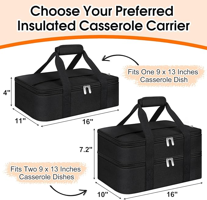 Double Insulated Casserole Carrier, Portable Casserole Carrier for Hot or Cold Food Lunch Tote Warmer or Cooler Bag, Lasagna Lunch Bag for Potluck Parties- Fits 9" x 13" Baking Dish-Black