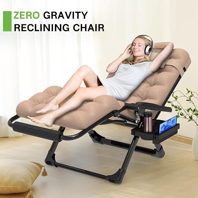 ZENPETIO 29In XL Zero Gravity Chair w/Cushion, Zero Gravity Recliner Lounge Chair for Indoor and Outdoor, Reclining Camping Chair for Lawn, Anti Gravity Chair with Cup Holder and Footrest, 440LBS