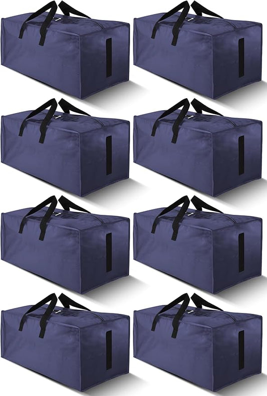 8 Pack Large Strong Moving Bags with Zippers & Carrying Handles - Water-Resistant - Heavy Duty Storage Tote for Space Saving, Fold Flat, Alternative to Moving Box (Blue)