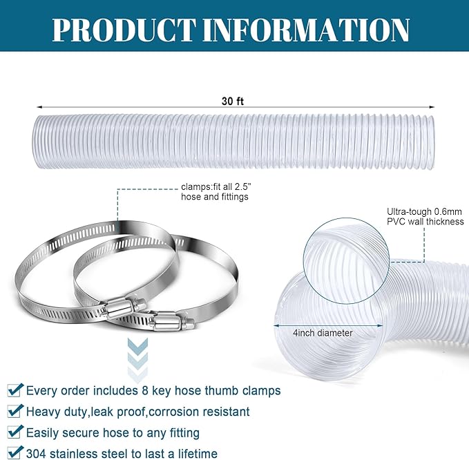 4 Inches 30 ft PVC Dust Collection Hose with Stainless Steel Clamps Set Flexible Clear Vacuum Puncture Resistant Fume Hose for Vacuums Cleaner Fume Dust Collection System