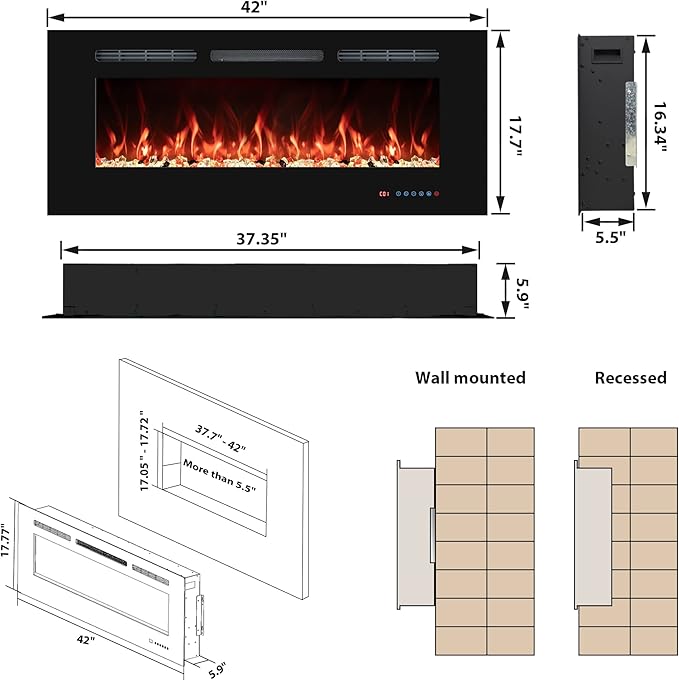 42" Electric Fireplaces Inserts, Recessed & Wall-Mounted Fireplace Heater with Thermostat, Multicolor Flames,Timer, Log & Crystal, 750/1500W