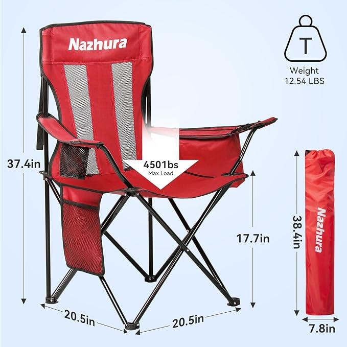 Nazhura 4 Pack Outdoor Camping Chairs Folding/Foldable/Portable with Cooler Pouch, Mesh Backrest and Cup Holder Pocket (Red, 4 Pack)
