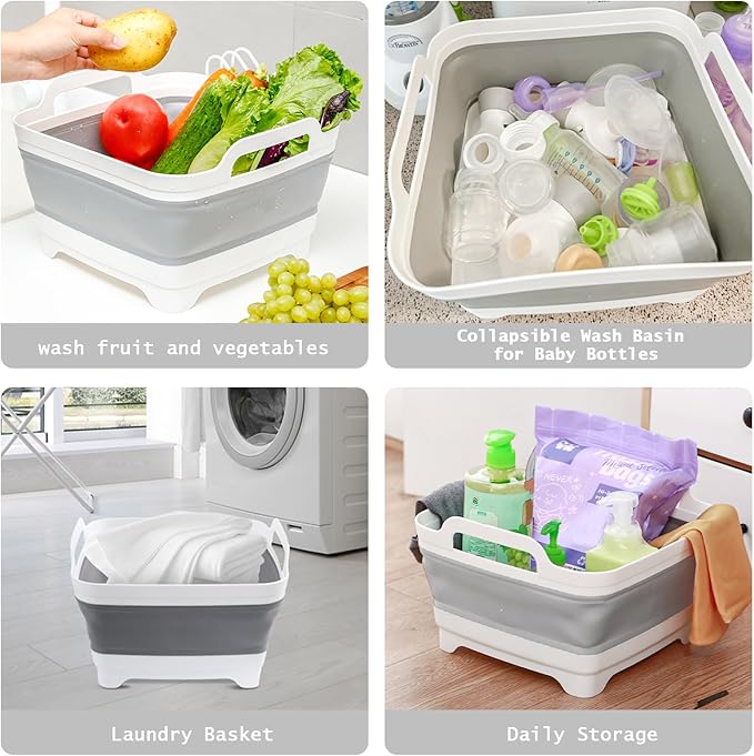 2 Packs Collapsible Dish Basin 2.4Gal Bottle Washing Basin Collapsible Wash Basin for Baby Bottles Portable Camping Sink with Drain Plug Plastic Space-Saving Dish Tub for RV Kitchen Beverage Tub