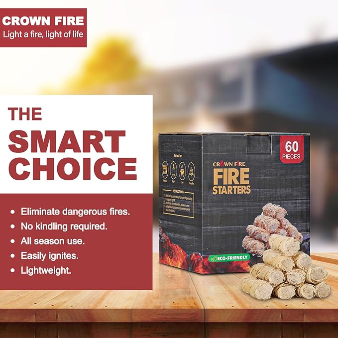 Fire Starters for Fireplace Indoor, and Outdoor Use - Natural Firestarter for Pizza Oven, Fire Pit - Fire Starters for Campfires - Charcoal Starter - 60 Rolls