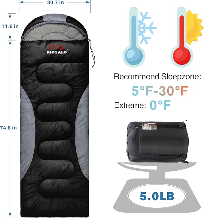 0 Degree Winter Sleeping Bags for Adults Camping (450GSM) - Temp Range (5F–32F) Portable Waterproof Compression Sack- Camping Sleeping Bags for Big and Tall in Env Hoodie: Backpacking Hiking 4 Season