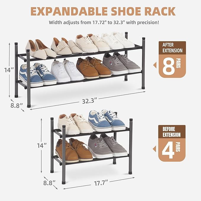 STORAGE MANIAC Expandable Shoe Rack, 8 Pairs Stackable Small Shoe Rack, Metal Adjustable Shoes Organizer for Closet, Entryway, Hallway, Garage, Front Door, Shoes Shelves, Black 2 Tier