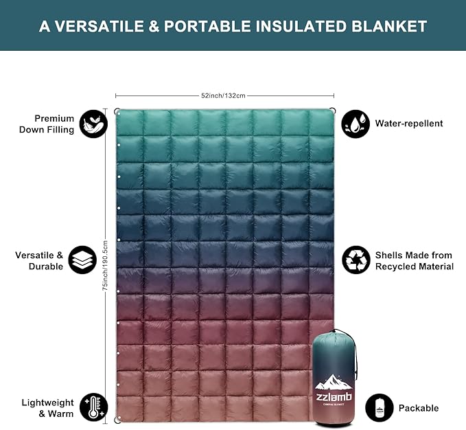 zzlamb Puffy Down Camping Blanket Water-Repellent, Down Throw Travel Blanket Portable for Outdoor, Light Warm Quilt for Couch Plane Car Theater Stadium Picnic RV Backpacking Hammock