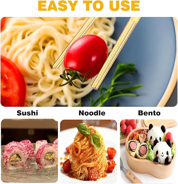 Metal Chopsticks Reusable 1 Pair Stainless Steel Travel Chopsticks Dishwasher Safe Square Lightweight Non-Slip Chop Sticks with case (Golden Bull Head Boho)