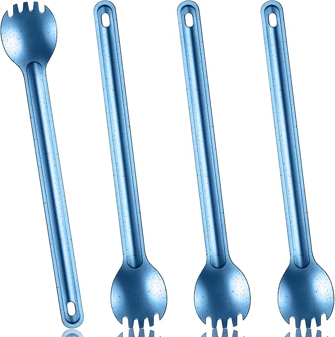 4 Pieces Titanium Long Handle Spork and Spoon Ultralight Portabale Flatware 8.7 Inch Soup Spoon Camping Spork for Outdoor Camping Backpacking Hiking Travel Picnic Tableware (Blue)