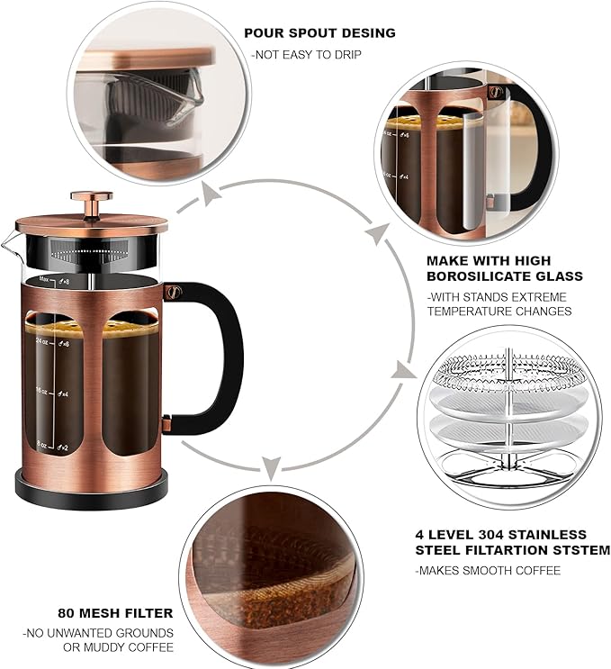 French Press Coffee Maker (34oz 1Quart 5-6Cup) Coffee Press, with 4 Filters System, Heat Resistant Thickness Borosilicate Glass, Cold Brew Coffee Tea Pot Gifts (Copper)
