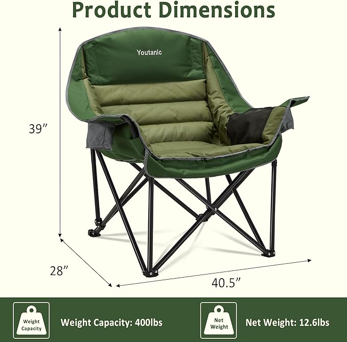 Oversized Camping Chair, Portable Folding Camping Chairs with Side Pocket, Cup Holder and Carry Bag, Heavy Duty Outdoor Camping Chairs for Adults, Fishing, Sports, Trip, up to 400lbs, Style 2