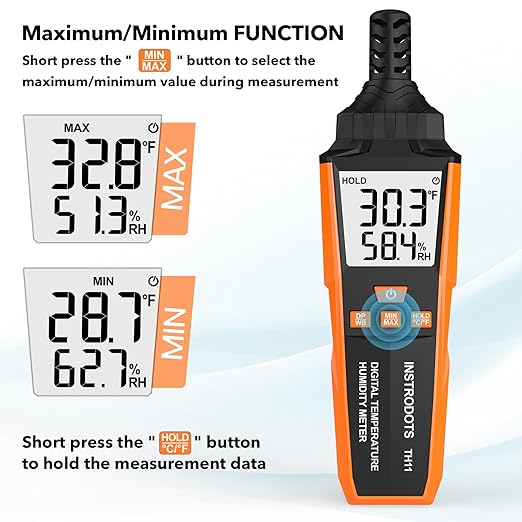 Temperature Humidity Meter, High Precision Digital Hygrometer with Ambient, Dew Point, Wet Bulb Temperature for Indoor Outdoor, Thermometer with Min/Max, Data Hold, LCD Backlight, TH11