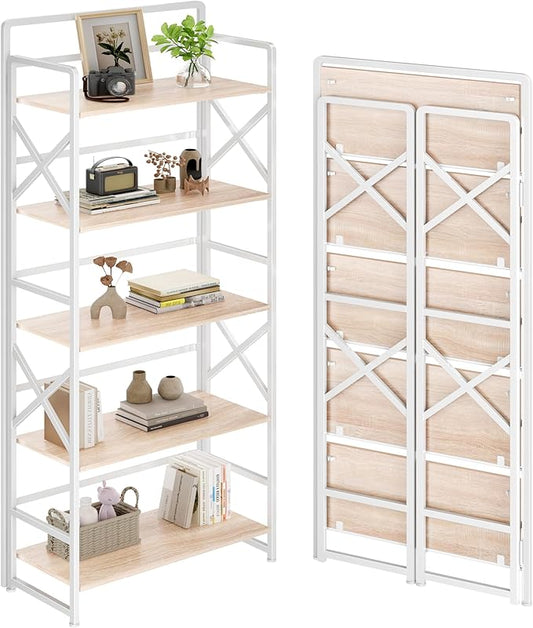 No Assembly Folding Bookshelf, 5 Tiers Vintage Wood Collapsible Book Shelf for Storage,Industrial Metal Foldable Bookcase Organizer for Living Room Bedroom Home Office (Beige)