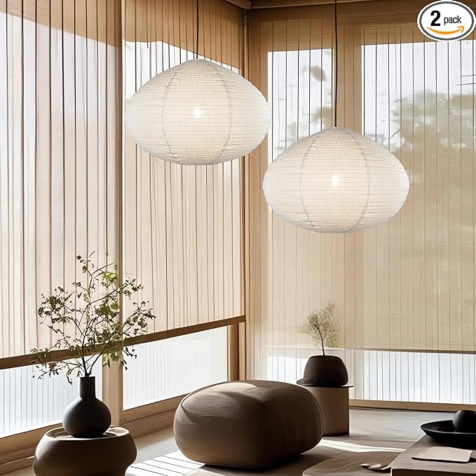 2PCS 20" Handmade Linen Pendant Light Shades ??Foldable Fabric Lampshades, Minimalist Beige & White Hanging Lanterns for Bedroom, Living Room, Kitchen Island, Window Display & Gift