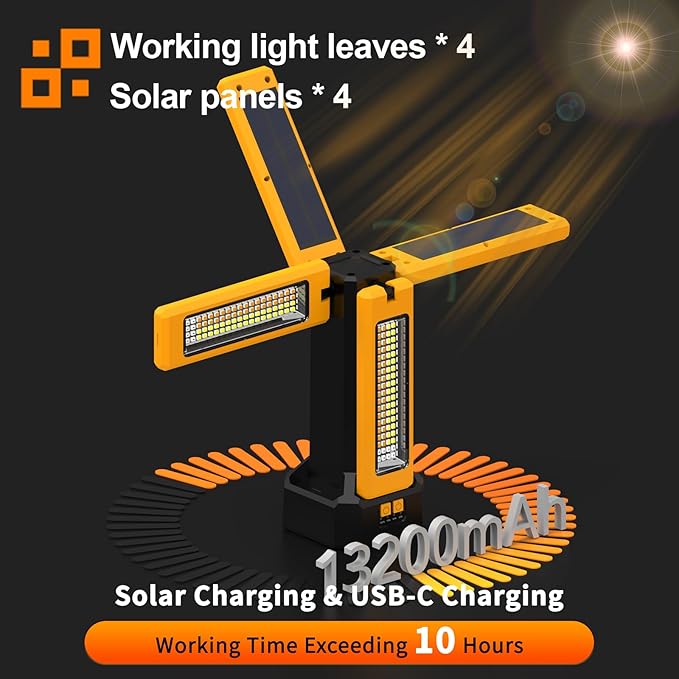 13200mAh Rechargeable Solar Work Light, IPX4 Waterproof with Folding Stand Support and Portable Carrying Bag, 8000 Lumen Stepless Dimmable, 4 Lighting Modes, White/Warm/Warm White (Remote)