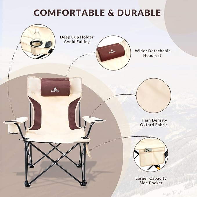 Reclining Camping Chair 4-Position Adjustable, Lightweight Folding Lounge Beach Chair for Adults with Removable Footrest & Headrest, Cup Holder & Storage Pouch for Outdoor(330lbs Capacity), Beige