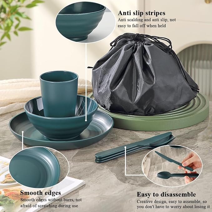 Camping Mess Kit for 2 with Bowl, Plate, Cup, Spoon, Fork, Knife and Carry Bag, Plastic Camping Accessories Essentials Gear for Couple Travel, Picnic, Outdoor, Easy to Carry