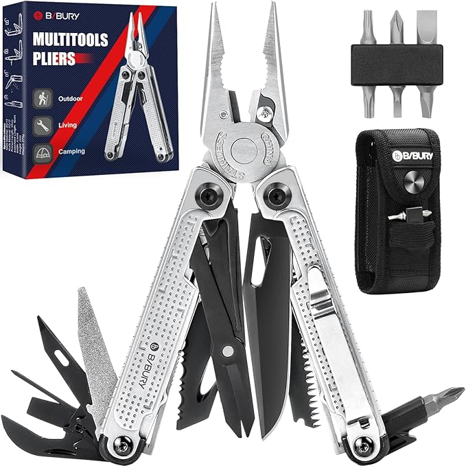 BIBURY Multitool Pliers BI2048B, Stainless Steel Multi Tool with Upgraded Rope Cutter and Screwdrive, Foldable Self-locking Multitools with Nylon Pouch, Ideal for Camping, Hiking, Survival, Repair