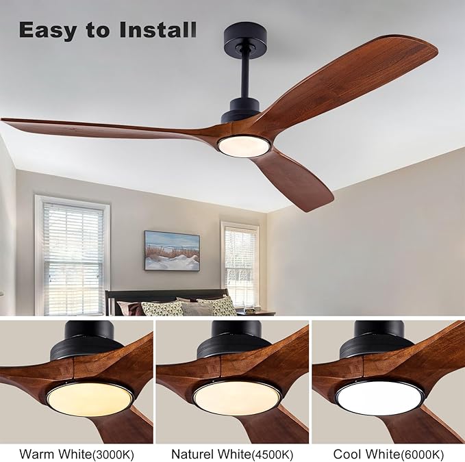 60" Wood Ceiling Fan with Lights Remote Control,Quiet DC Motor 3 Blade Ceiling Fans for Patio Living Room, Bedroom, Office,Indoor Outdoor(Black+Walnut)