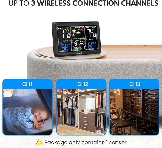 Newentor Weather Station Wireless Indoor Outdoor, Indoor Outdoor Thermometer Wireless, 7.5" Home Weather Stations with Atomic Clock, Temperature Humidity Gauge, Weather Forecast and Barometer, Black