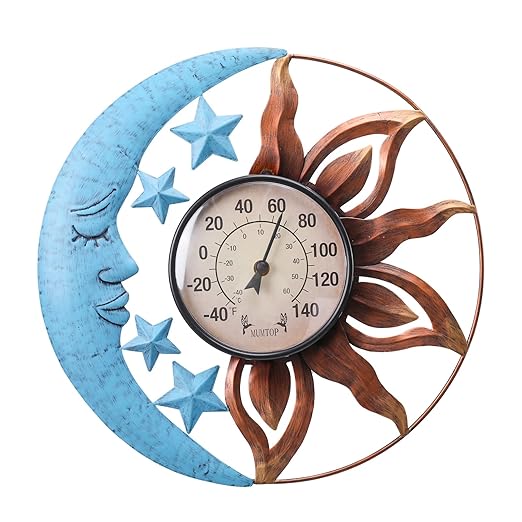 MUMTOP Indoor Outdoor Thermometer - Sun and Moon Wall Thermometer with Star, Outdoor Thermometers for Patio, Room, Greenhouse, Outside, Garden Decor