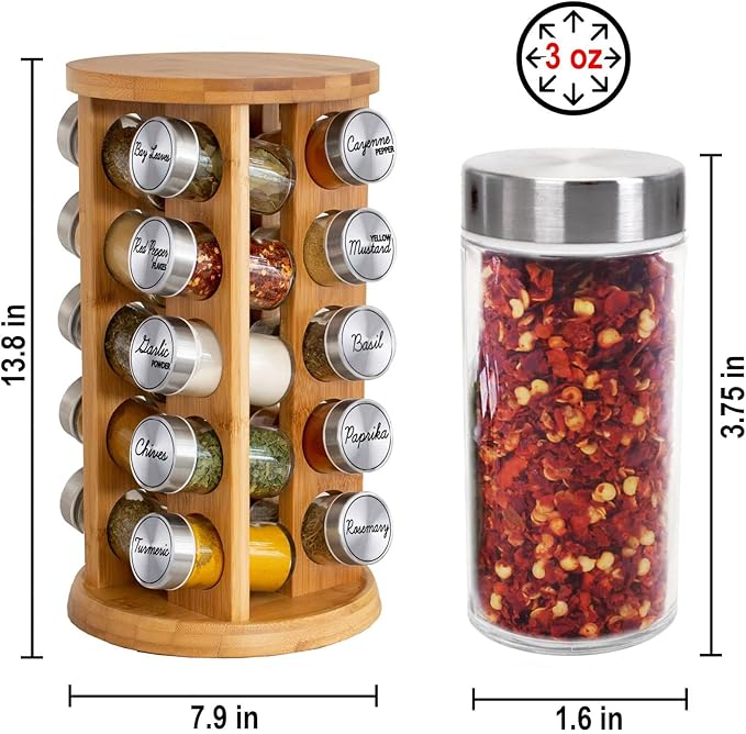 Orii 20 Jar Bamboo Spice Rack with Spices Included - Rotating Tower Organizer for Kitchen Spices and Seasonings, (Bamboo Wood)