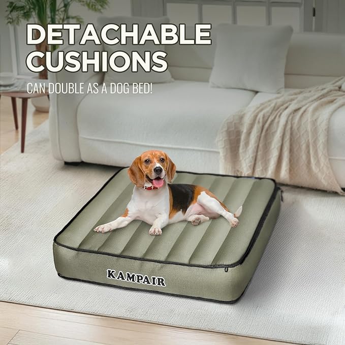 Detachable Tri Folding Sleeping Pad for Camping, Ultra-Thick 5.5 Inch Air Mattress, Quick Inflate, Zipper Design for Detachment, Machine Washable, Family Pad for Camping & Traveling, Green