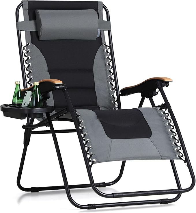 MFSTUDIO Zero Gravity Chairs, Oversized Patio Recliner Chair, Padded Folding Lawn Chair with Cup Holder Tray, Support 400lbs, Grey