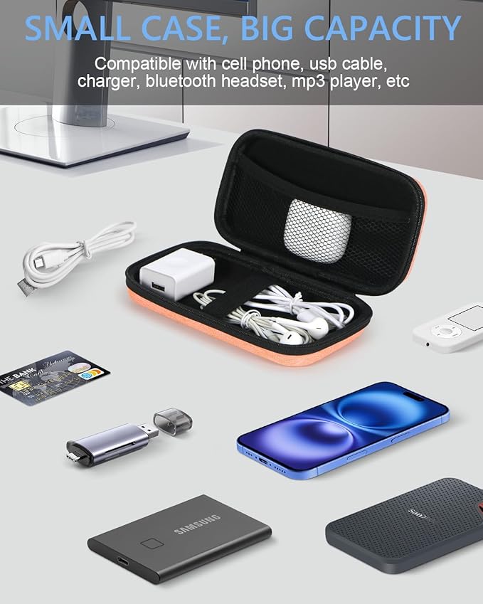 Light-Orange Small Carrying Case Universal Travel Case for Sandisk, Samsung SSD, Earbuds, Cable, Hard Disk, MP3 Player - Portable Storage Pouch Bag - Shockproof Electronic Accessories Organizer