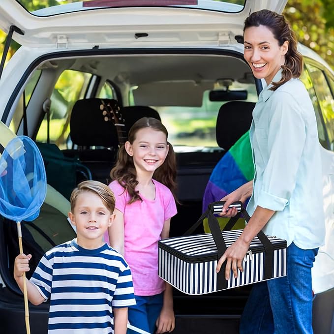 Insulated Casserole Carrier, Portable Casserole Carrier for Hot or Cold Food Lunch Tote Warmer or Cooler Bag, Lasagna Lunch Bag for Potluck Parties- Fits 9" x 13" Baking Dish-Blue Stripes