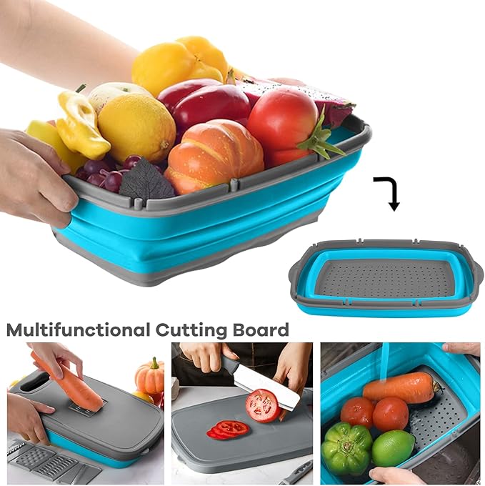 HI NINGER camping cutting board, Collapsible Chopping Board with Colander, 9-In-1 Multi Chopping Board Kitchen Vegetable Washing Basket for Camping,Camping Gifts Camping Accessories for RV Campers