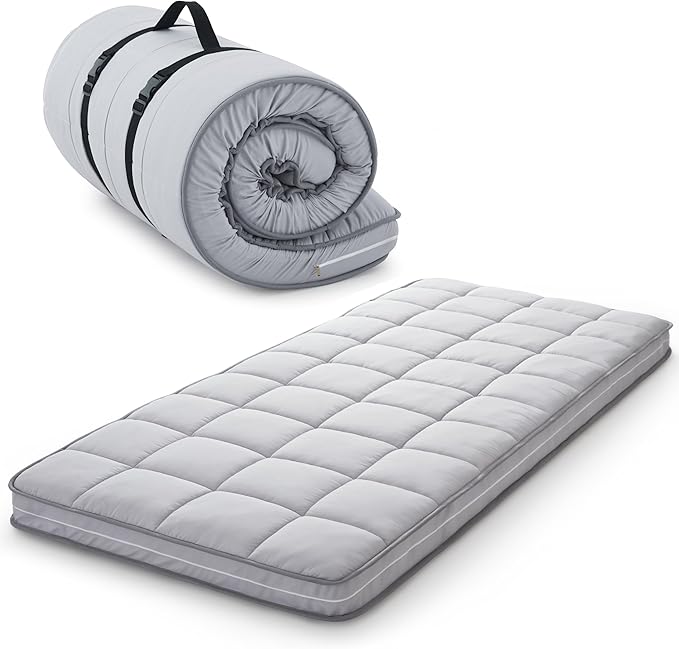 4Inch Cot Mattress Topper,Narrow Twin Gel Infused Memory Foam,Machine Washable Pillow Top Cover,Roll Up Floors Mat,Portable Folding Sleep Pad(75 X 30“)