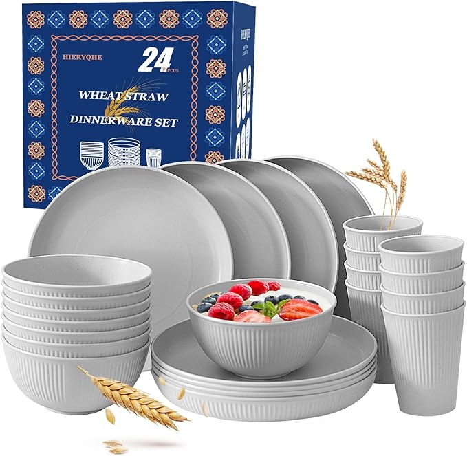 24pcs Wheat Straw Dinnerware Sets For 8, Unbreakable Plates and Bowls Wheat Straw Dinnerware Microwavable Cups Plates and Bowls Sets Shatterproof For Outdoor Kitchen Camping