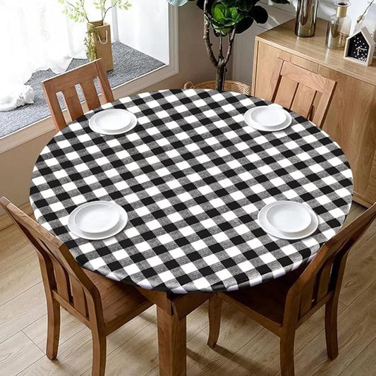 Fitable Vinyl Fitted Round Table Cover with Elastic, Black and White Checkered Tablecloth with Flannel Backing Plaid Table Cloth for Indoor Outdoor Picnic Party (Fit for 45"-56" Round Tables)