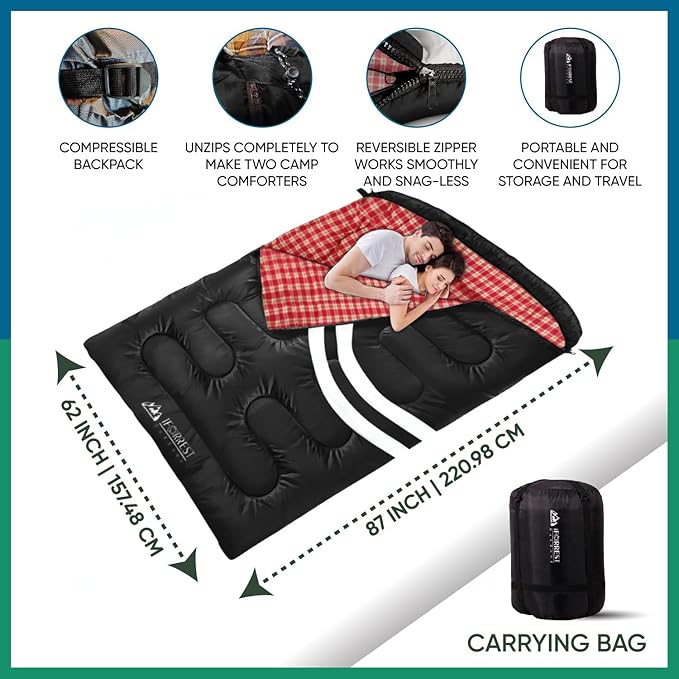IFORREST Cotton Flannel Double Sleeping Bag for Adults - 2-Person 10°F Cold Weather Camping Bed - Extra-Wide & Warm Queen-Size XXL