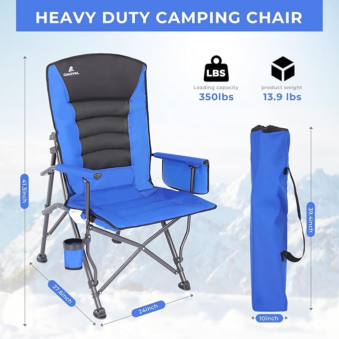 Camping Chairs for Adults, Adjustable Backrest Heavy Duty Oversized Folding Camping Chair Supports 350lbs for Outside with Cup Holder&Side Pocket, Outdoor Folding Camp Chair with High Back (Blue)