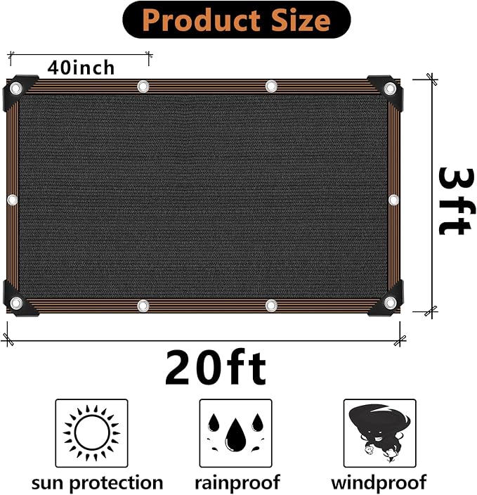Shade Cloth, 80%-90% Garden Shade Mesh Net with Grommets, Outdoor Black Sunblock Neting Antifreezing Cover for Plant Pergola Patio Greenhouse Chicken Coop, 3x20FT