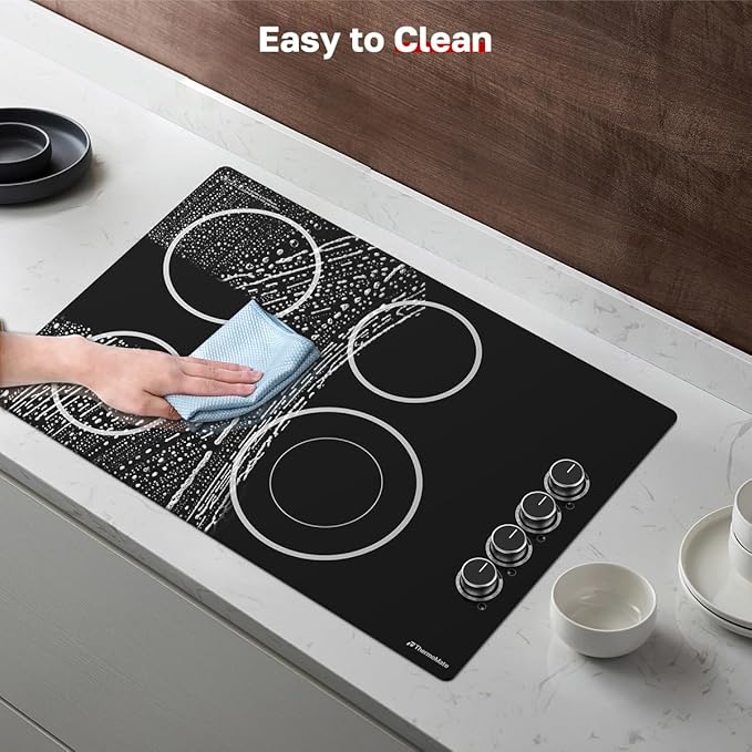 ThermoMate 30 Inch Electric Cooktop, 4 Burners Knob Control Built-in Ceramic Cooktop, 30" Radiant Electric Stove Top of 6700W with 9 Heat Levels, Hot Surface Indicator, 220-240v, Hard Wired