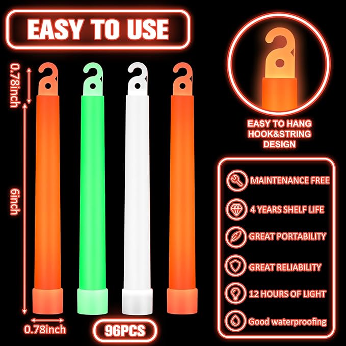 Sotiff 96 Pcs 6 Inch Ultra Bright Emergency Glowing Sticks, Glow Sticks with 12 Hour Duration, Halloween Favors for Party Birthday Wedding Concerts Halloween