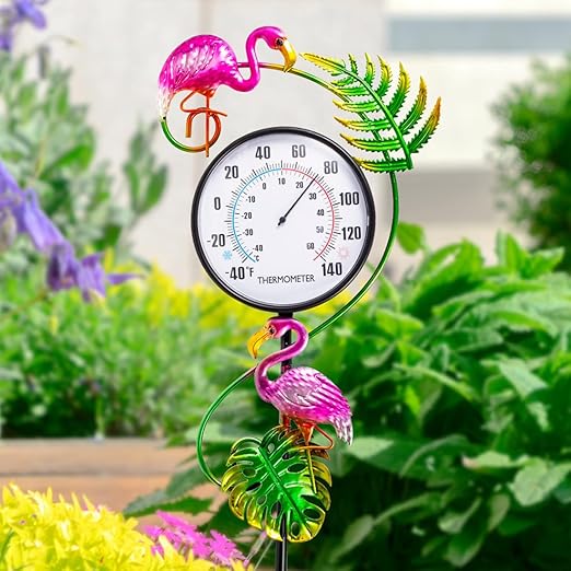 Outdoor Thermometer, No Battery Needed Outside Thermometer with Garden Stake, Flamingo Wall Thermometer for Yard Patio Decor