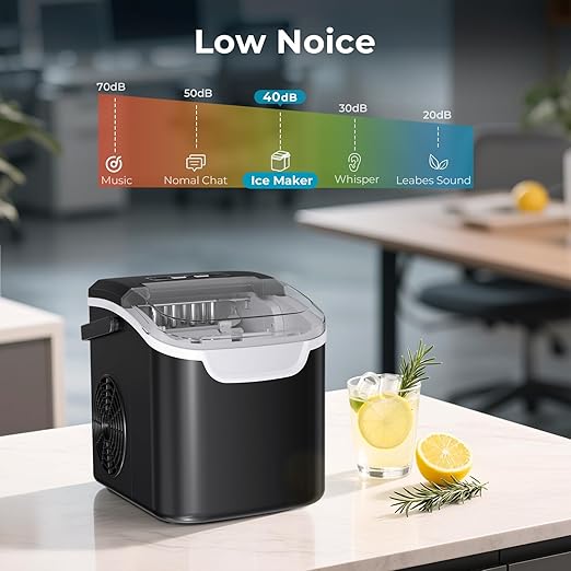 Ice Makers Countertop, 8pcs/ 6mins with 2 Sizes, Self-Cleaning, 26.5Lbs/Day Quiet Portable Mini Ice Machine with Basket/Scoop, Energy Saving for Home/Office/Kitchen/RV, Black