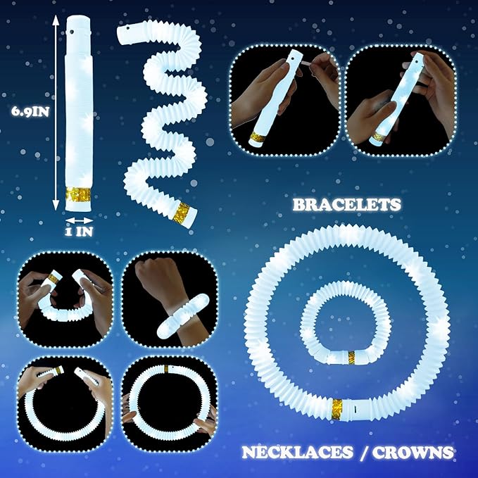 White Glow Sticks Party Favors for Kids 24 PCS,LED Light up Pop Tubes for Toddlers, Neon Necklaces Bracelets Accessories, Glow Birthday Wedding Dance Party Supplies Camping Toys Decorations