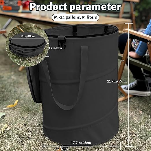 Pop up Camping Trash can with lid,Collapsible 24 Gallons Trash can with Sorting Clips,Garden Garbage Bag with Lid,Lawn and Leaf Bags - Reusable Yard Waste Bags (Black)